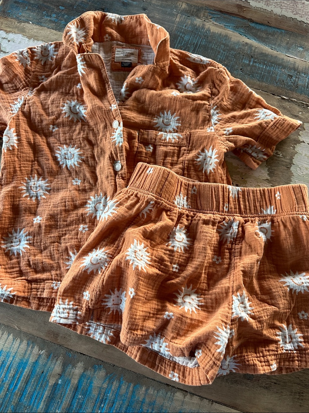 American Eagle AE Lounge Rust Orange Sun Floral Two-Piece Line Pajama Set XS